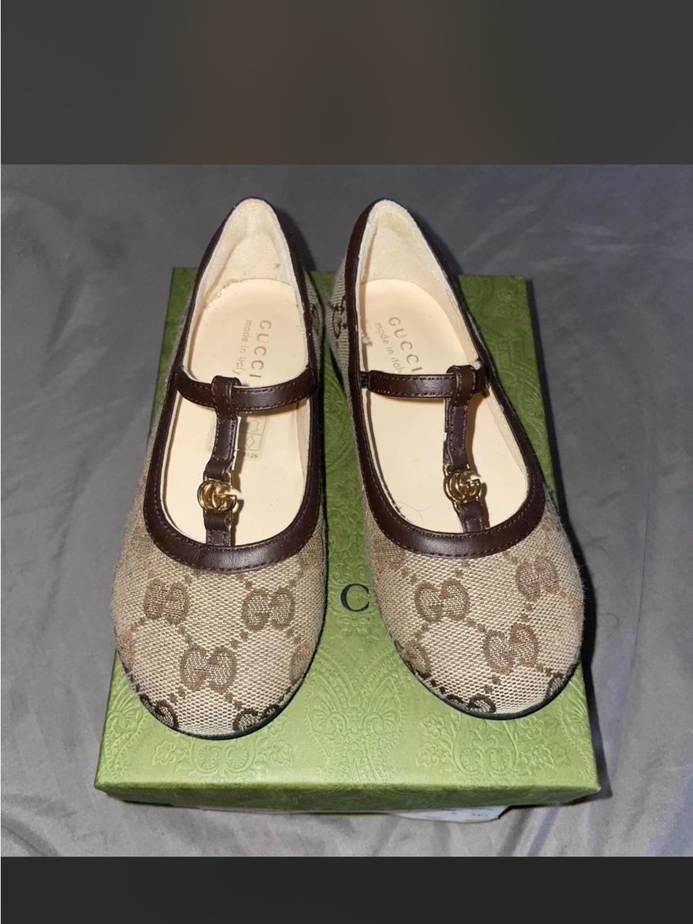 Gucci Beige & Brown GG Canvas T-Strap Mary Jane Flats